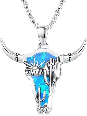 Women's Silver Blue Opal Sterling Pendant Highland Cow Skull Western Necklace
